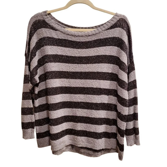 Anthropologie Joie Oversized Black Gray Striped Metallic Plush Boucle Sweater L - Picture 1 of 13